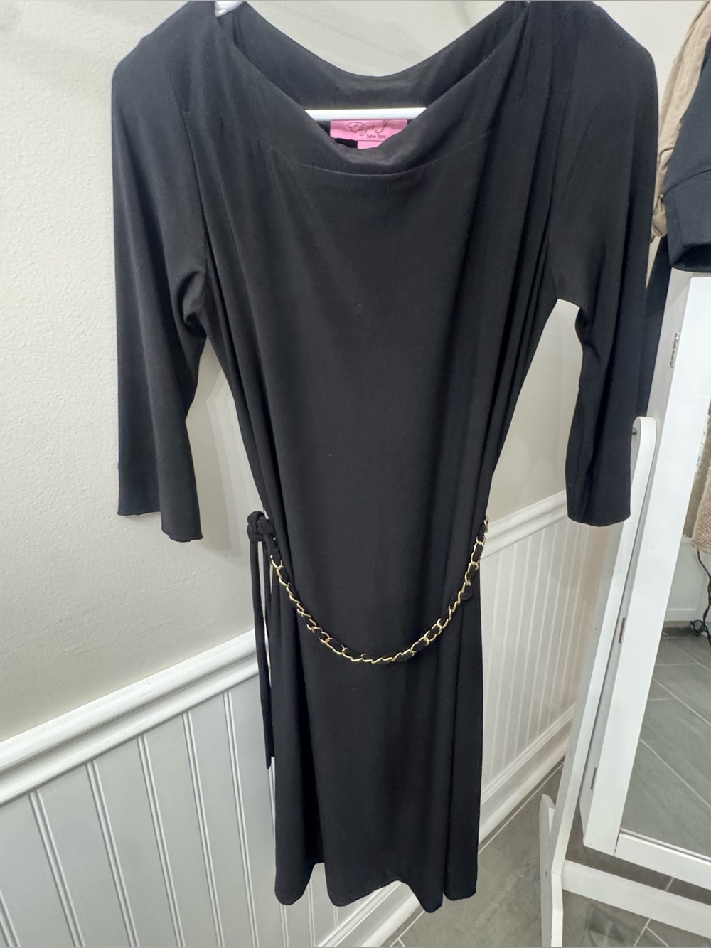 Eliza J Black Cowl Neck Sheath Cocktail Dress with Gold Chain Accent